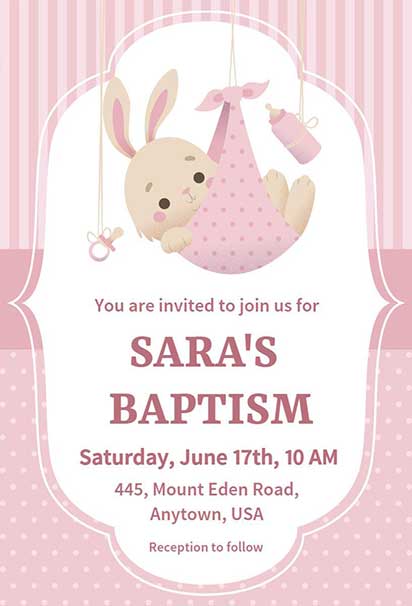 Cute Bunny-Themed Pink Baptism Invitation With Playful Illustrations And Soft Colors