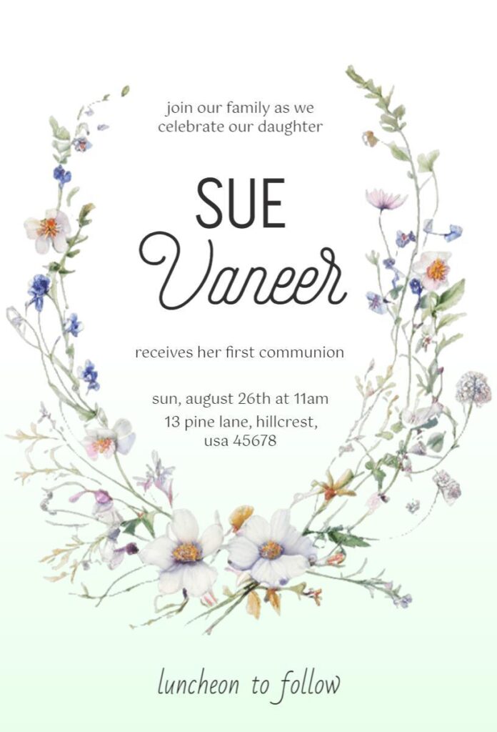 Floral wreath First Holy Communion invitation template with pastel wildflowers.