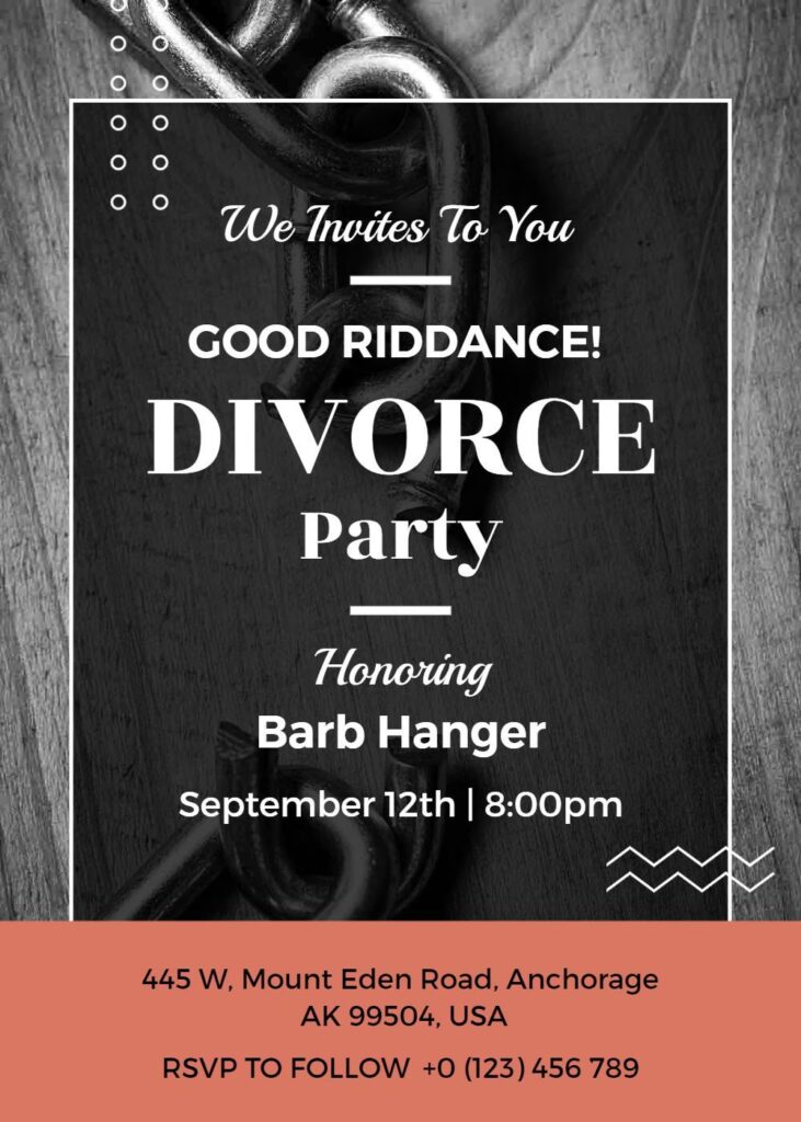 Dark gray Divorce party invitation template with chain design and modern typography