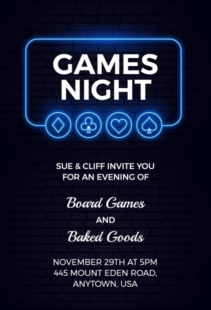 Neon-themed Game Night invitation with glowing icons of playing cards