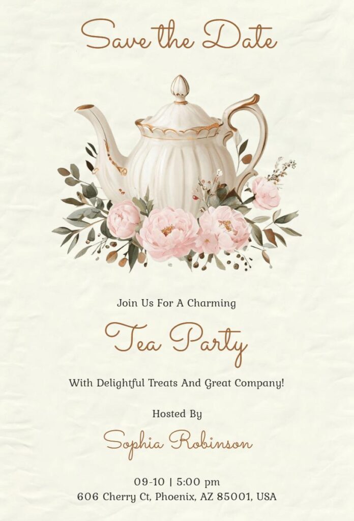 Save the Date tea party invitation with white teapot and pink floral decorations on cream background