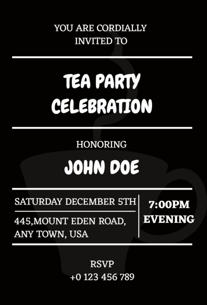 Black and white modern tea party invitation with bold typography