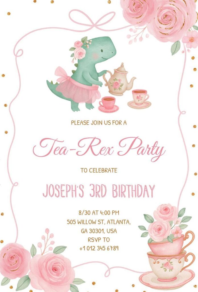 Cute dinosaur-themed tea party birthday invitation with pink teacups and floral border