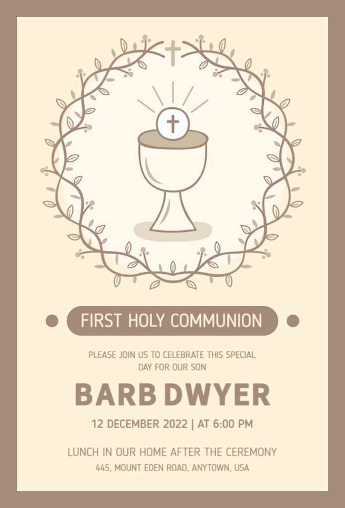 Brown church-themed First Communion invitation template with cross and greenery accents.
