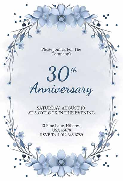 Dusty Blue Corporate Anniversary Floral Invitation With Soft Blooms, Elegant Typography, And Professional Refined Style