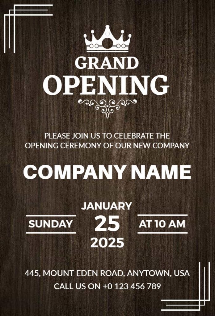 dark wood grand opening invitation template with crown and elegant white typography