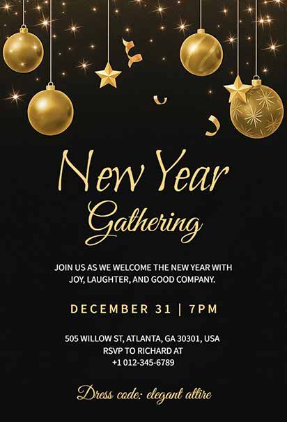 Elegant Black And Gold New Year Gathering Invitation With Sophisticated Sparkling Design