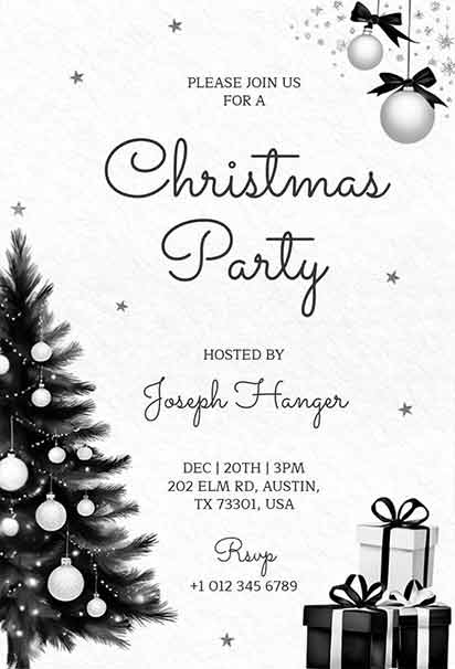 Elegant Black and White Christmas Invitation Template with Minimalist Design and Timeless Sophistication
