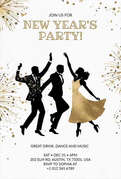 Elegant Dance Themed New Year’s Party Invitation With Glittering Silhouette Design