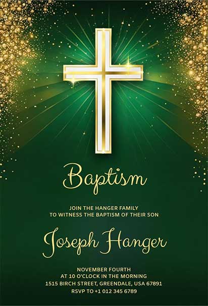 Elegant Green and Gold Baptism Invitation with Luxurious Accents
