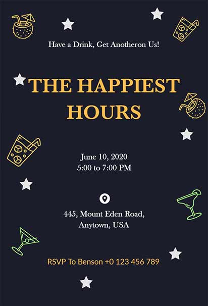 Elegant Nightlife Cocktail Happy Hour Invitation With Dark Tones, Sleek Typography, And Upscale Evening Vibes