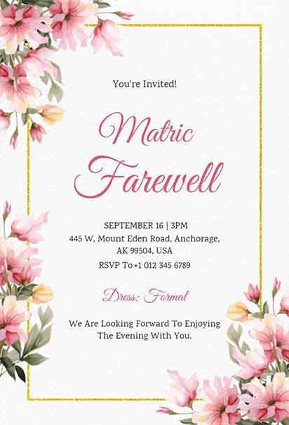 Elegant Pink Floral Matric Farewell Invitation With Soft Blooms, Pastel Accents, And Sophisticated Celebration Style