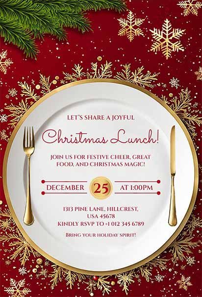 Elegant Red And Gold Christmas Lunch Invitation With Festive Holiday Accents