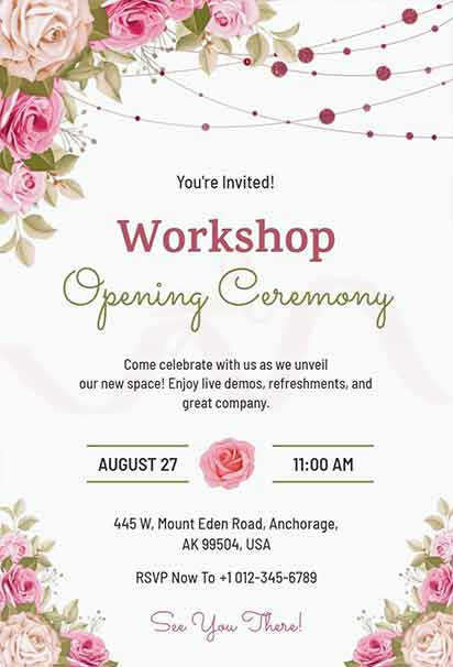 Elegant Rose Workshop Opening Floral Invitation With Soft Pink Blooms, Lush Greenery, And Sophisticated Design