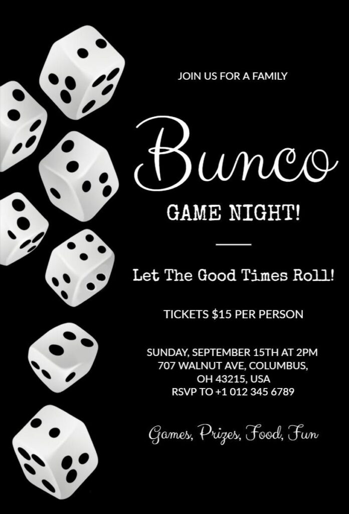 Black-and-white Bunco Game Night invitation with dice graphics