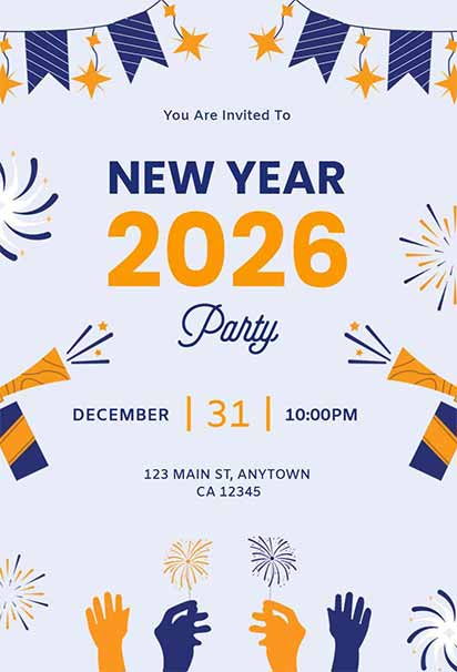 Festive Blue And Gold New Year Party Invitation With Elegant Sparkling Design