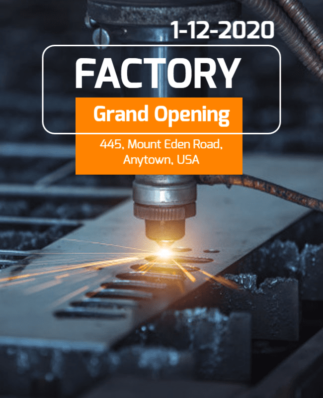 Fiord and Woodsmoke Grand Opening invitation template for modern industrial business events.