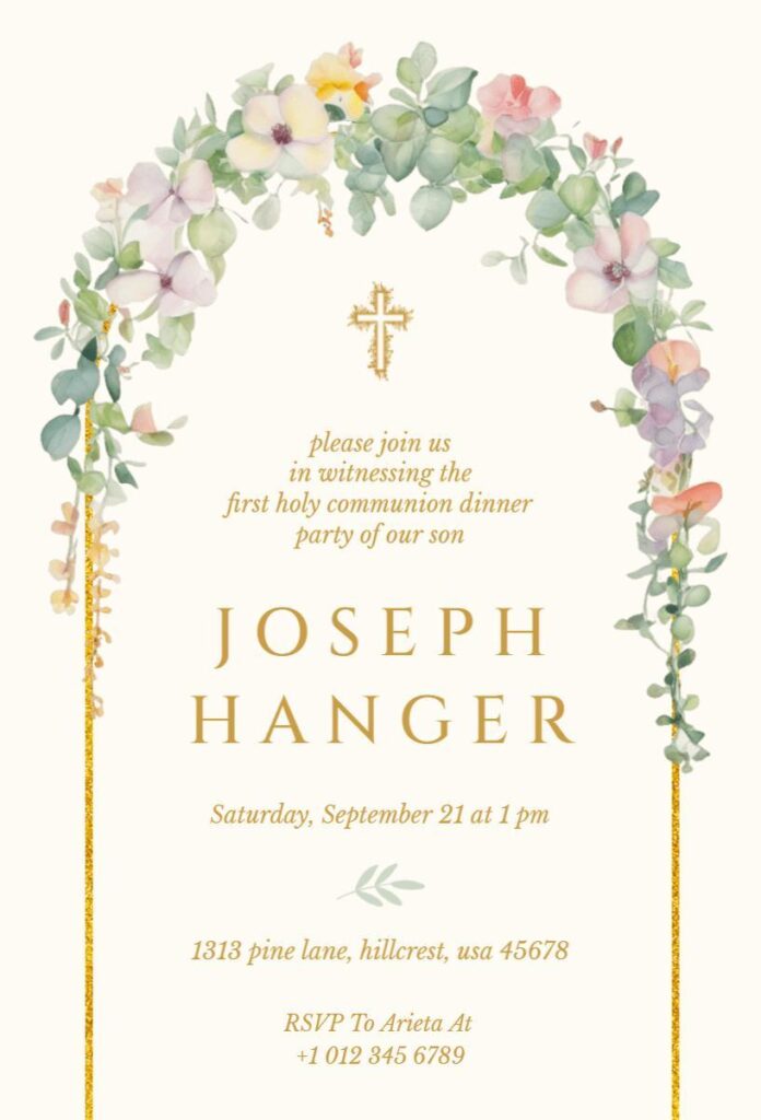 Floral arch First Holy Communion invitation template for ceremony and dinner.