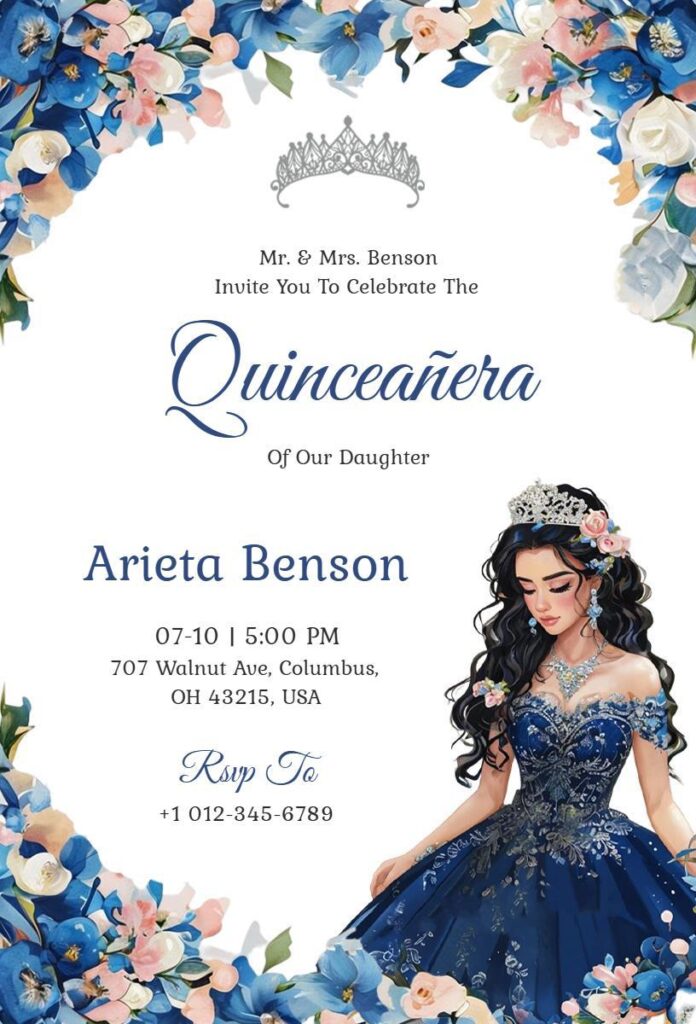 Blue floral Quinceañera invitation  template with a girl in a blue dress illustration.