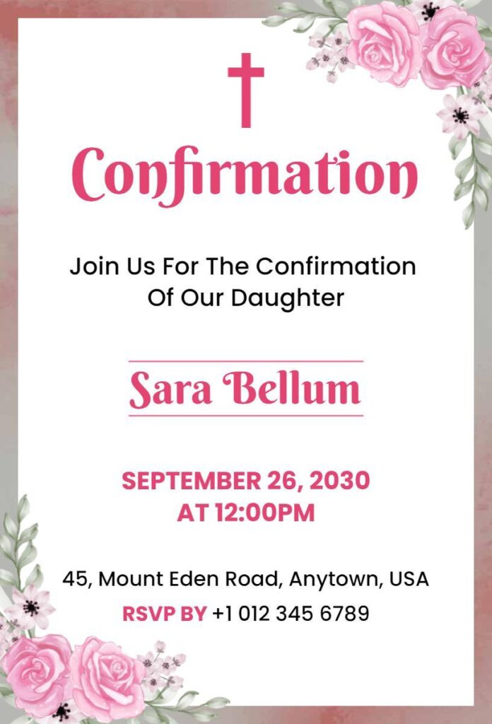 Floral Confirmation invitation with pastel flowers and elegant script text on a cream background