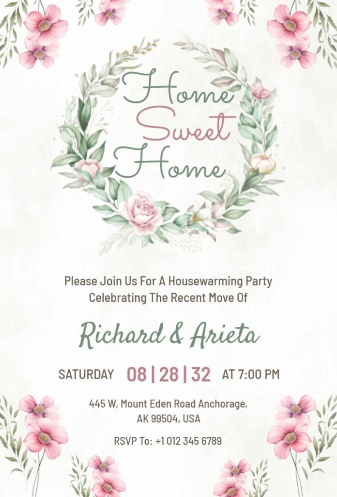 Floral wreath pink flower housewarming invitation template.