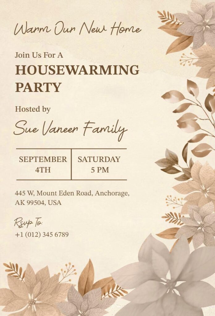 Neutral Floral Housewarming Party invitation template with beige flowers and elegant typography.