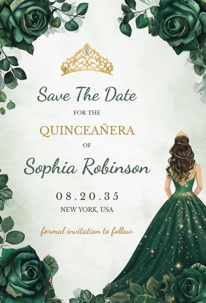 Emerald green floral Quinceañera invitation  template  with a girl in a glitter gown.