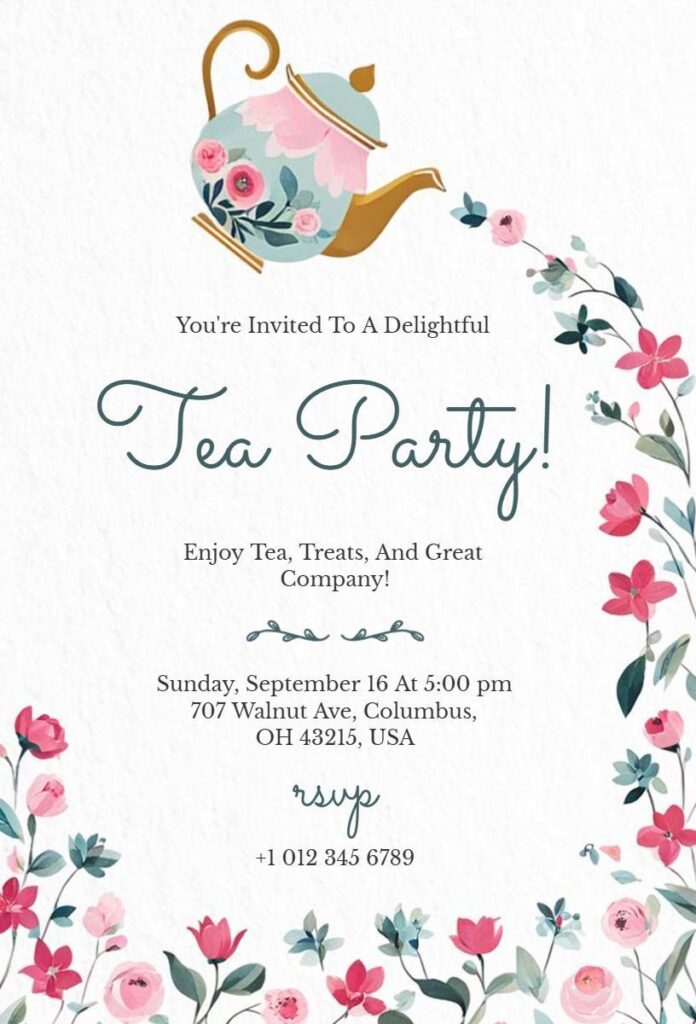 White floral tea party invitation with pink flowers and watercolor teapot illustration