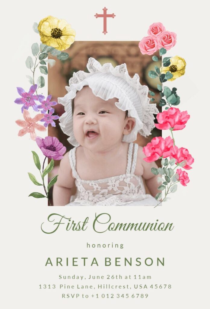 Floral frame First Holy Communion invitation template with pastel blooms.