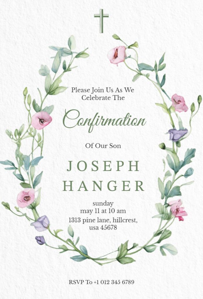 Watercolor flower wreath Confirmation invitation template with soft pastel flowers