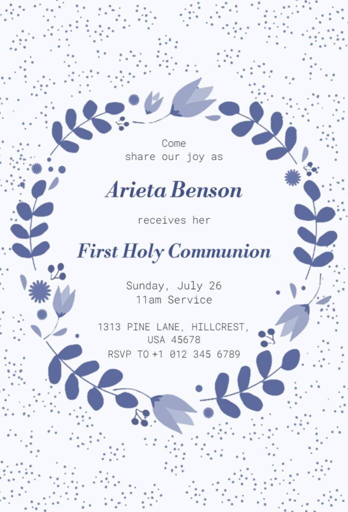 Pink and white floral wreath First Holy Communion invitation template with elegant layout.