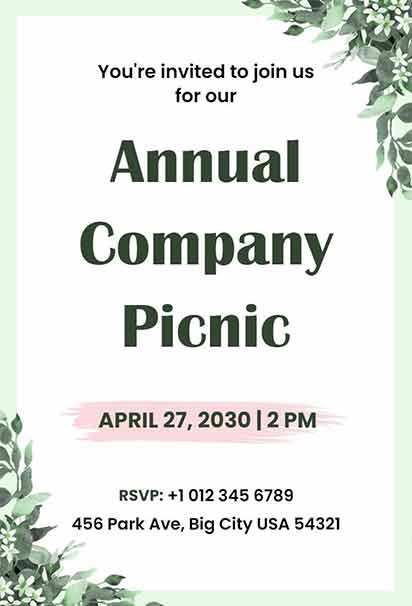 Fresh Green Corporate Picnic Floral Invitation With Lush Greenery, Subtle Blooms, And Professional Elegant Design