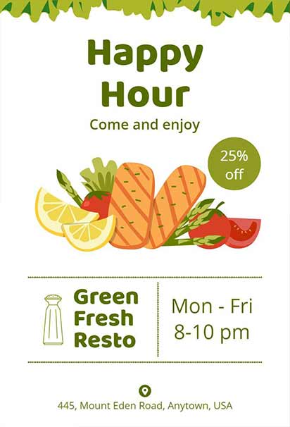 Fresh Organic Restaurant Happy Hour Invitation With Natural Green Tones, Clean Layout, And Farm-To-Table Vibe