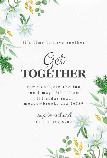 Fresh Spring Get-Together Floral Invitation With Bright Blooms, Lush Greenery, And Cheerful Seasonal Style