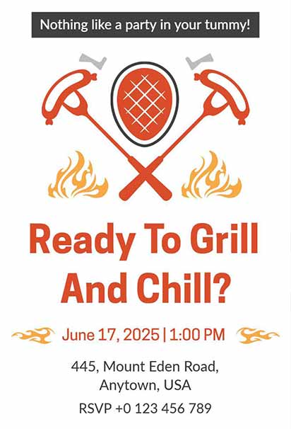 Fun Grill and Chill BBQ Party Invitation with Playful Fonts and Vibrant Picnic-Themed
