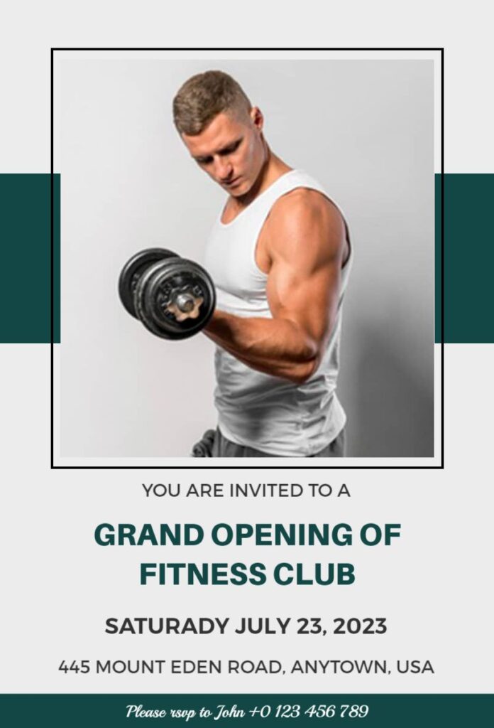 Fitness Club Grand Opening invitation template with a man lifting a dumbbell.