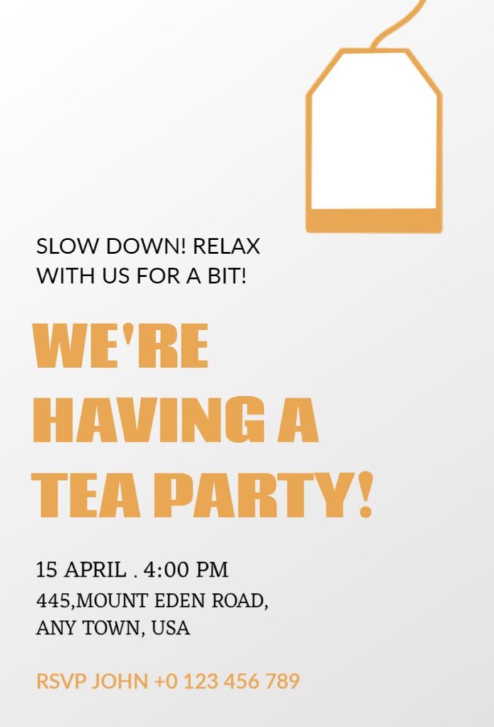 Modern white and yellow tea party invitation with tea bag illustration