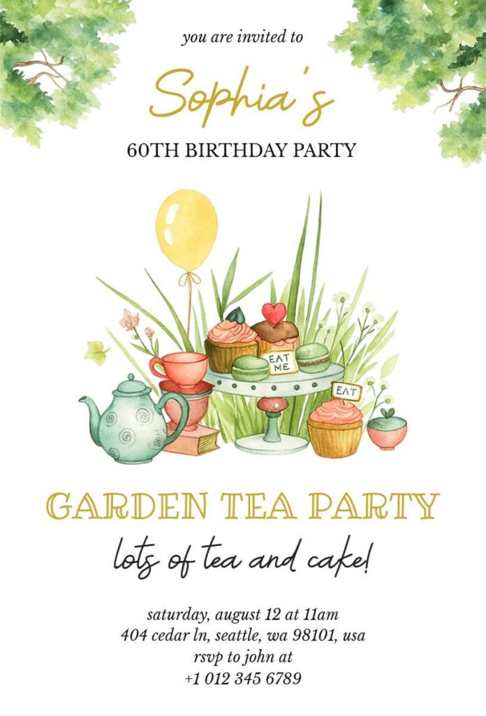 Garden tea party invitation with watercolor desserts, teapot, and green foliage background