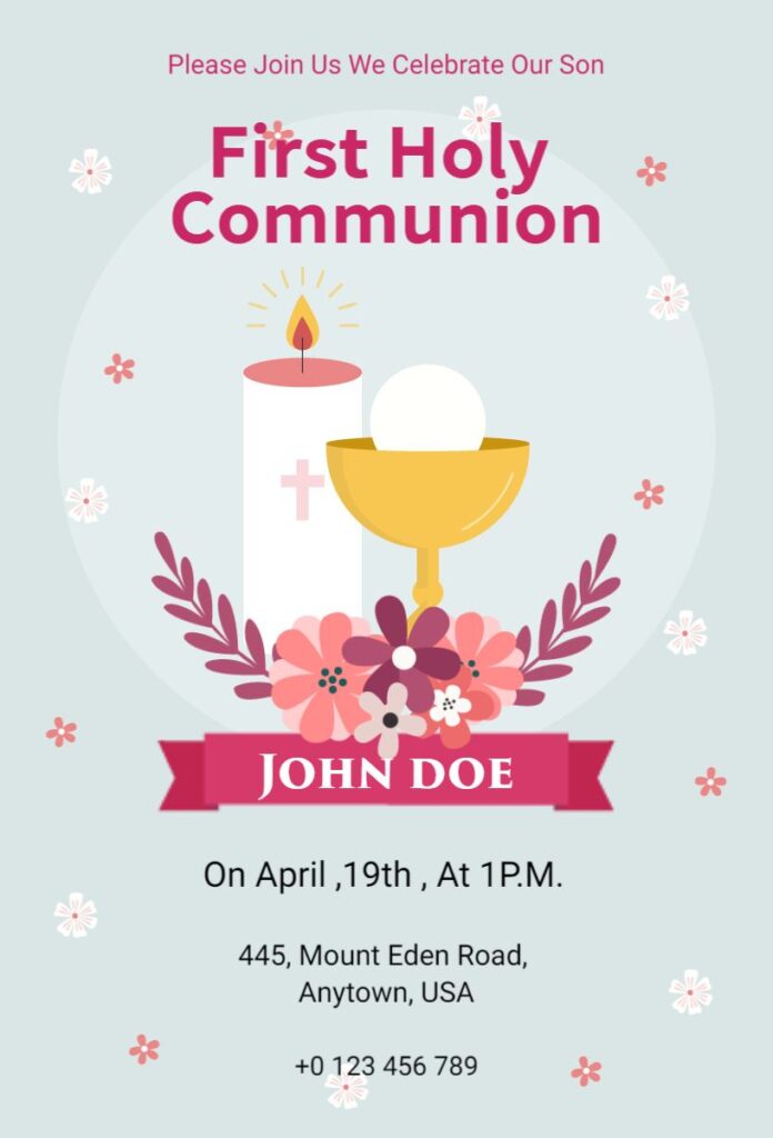 Grey minimalist First Communion invitation template with elegant and calming design