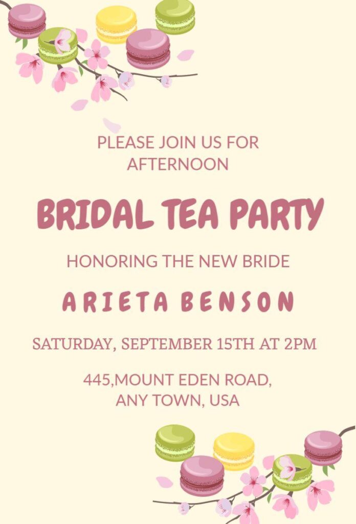 Green and white tea party invitation with leaves and botanical accents