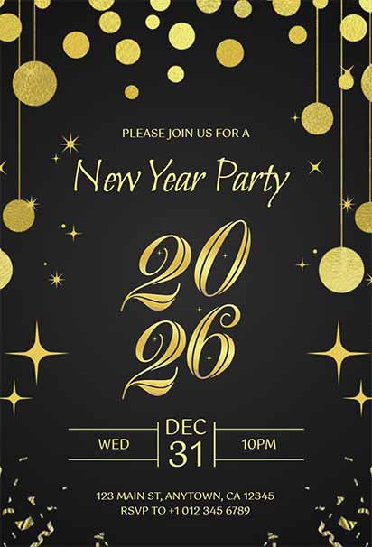 Glamorous Black And Gold New Year Party Invitation With Sparkling Confetti Design