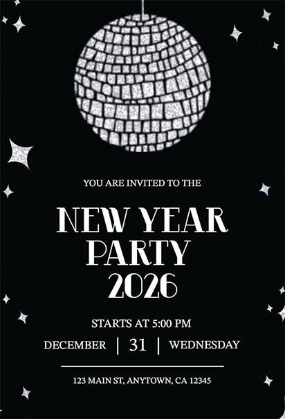 Glamorous Black And Silver Disco Themed New Year Invitation With Sparkling Party Vibes