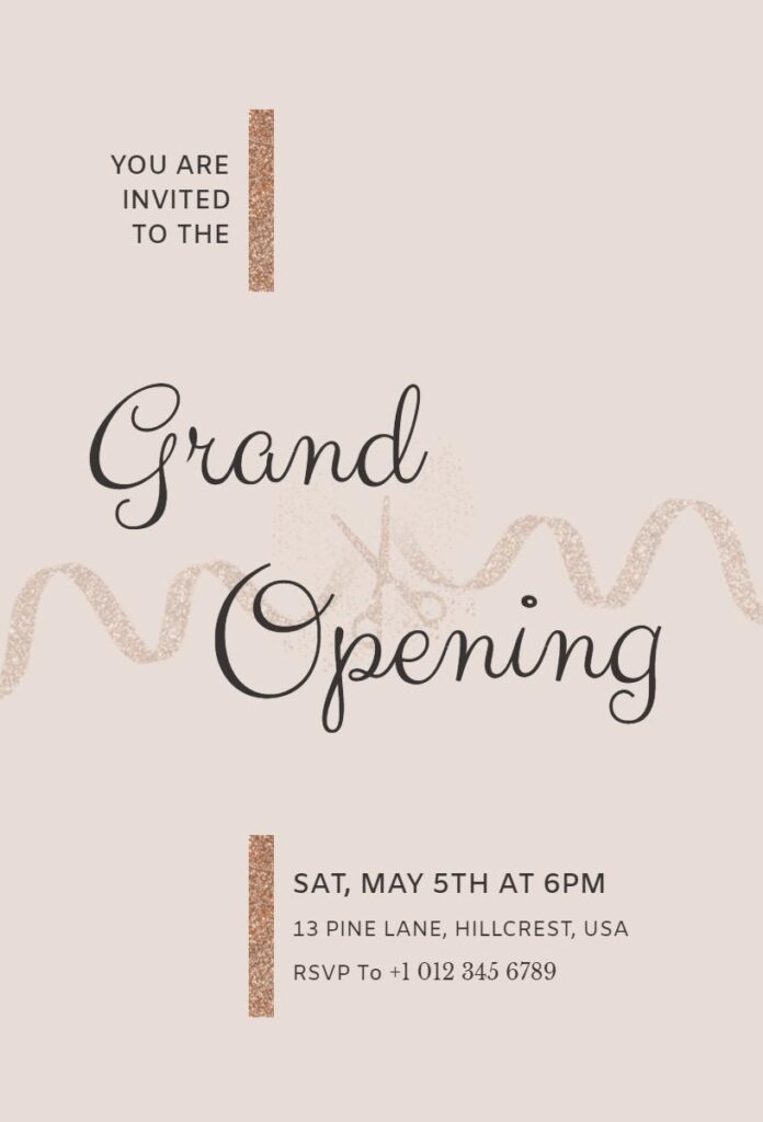 Elegant pink and gold glitter grand opening invitation template with luxury design.