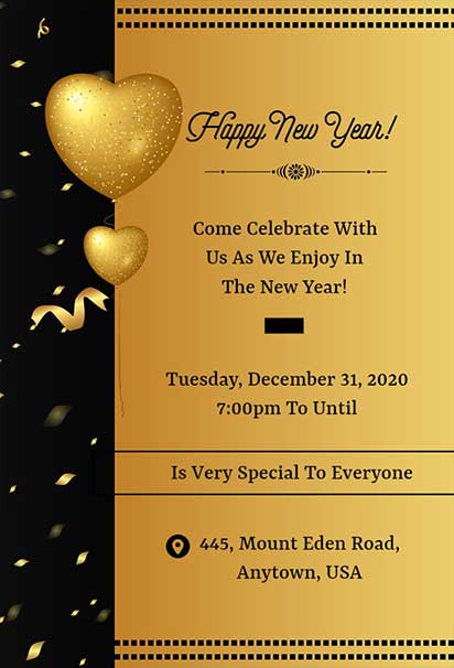 Glittering Heart Balloon New Year Invitation With Sparkling Gold Accents And Festive Celebration Theme