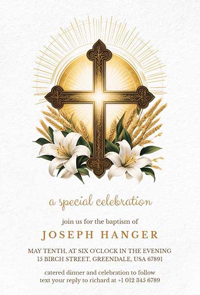 Elegant Golden Cross and White Lily Baptism Invitation with Soft Pastel Accents