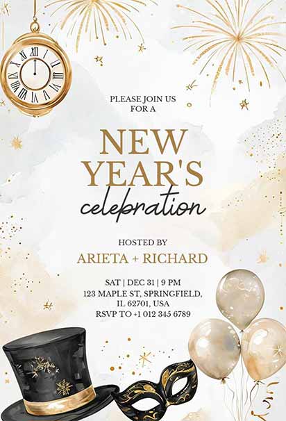 Golden Glamour New Year’s Celebration Invitation With Sparkling Gold Confetti Design