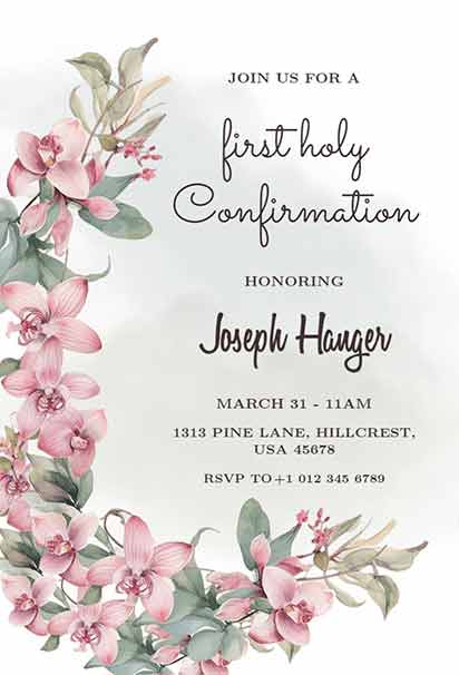 Graceful Pink Orchid First Communion Floral Invitation With Elegant Blooms, Soft Pastel Tones, And Serene Sacred Design