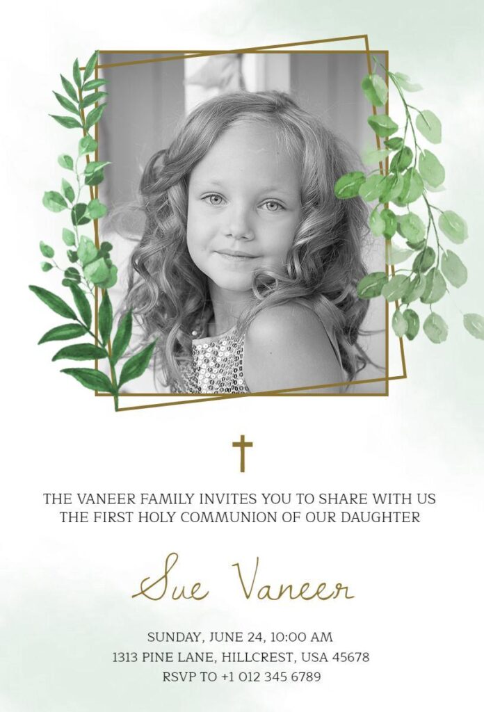 Greenery-inspired First Holy Communion invitation template with photo frame and cross.