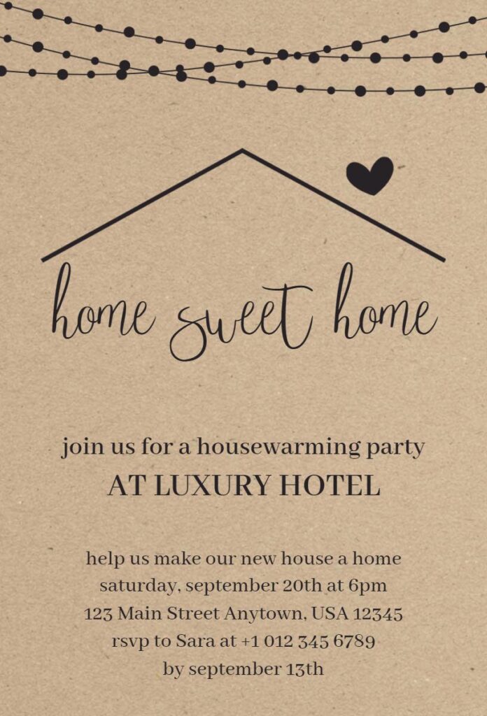 Rustic beige Home Sweet Home housewarming invitation template with warm design.

