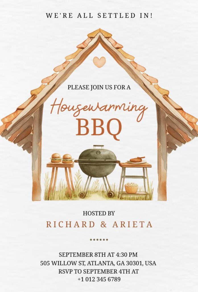 Housewarming BBQ invitation template with wooden roof and grill illustration.